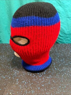 Striped Knit Balaclava Ski Mask in Red, Blue & Black